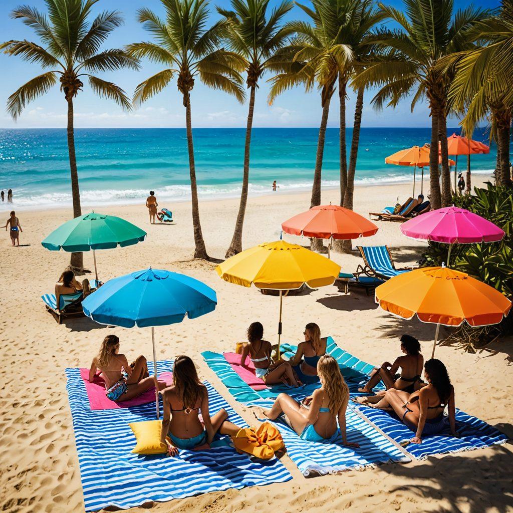 A vibrant beach scene featuring a diverse group of young adults showcasing various stylish bikinis and beachwear, lounging under colorful umbrellas, playing beach volleyball, and relaxing on beach towels. The sun is shining brightly, casting warm light over the sandy shore and sparkling ocean waves in the background. Include palm trees swaying gently in the breeze, creating a lively summer atmosphere. colorful and fashionable beach accessories like sunglasses and hats enhance the scene. super-realistic. vibrant colors. beach setting.