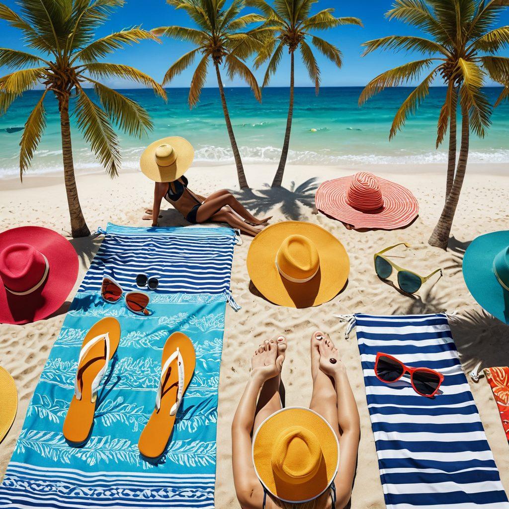 A vibrant beach scene showcasing a diverse group of people in stylish summer swimwear, lounging on colorful beach towels and enjoying the sun. Include a clear blue sky, gentle waves in the background, and palm trees swaying lightly. Feature a close-up display of trendy swimwear choices on hangers, with accessories like sunglasses and beach hats. Capture the essence of summer joy and relaxation. super-realistic. vibrant colors.